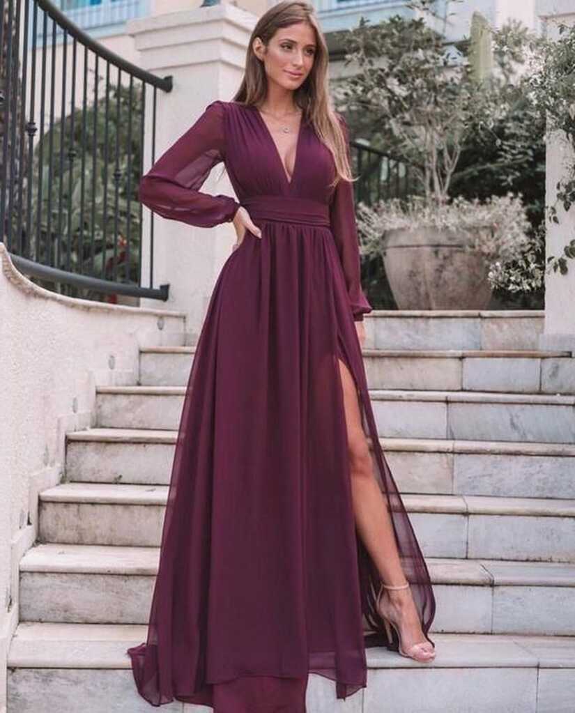 Burgundy Long Sleeves Wedding Guest Dresses Fall Chiffon V Neck ...