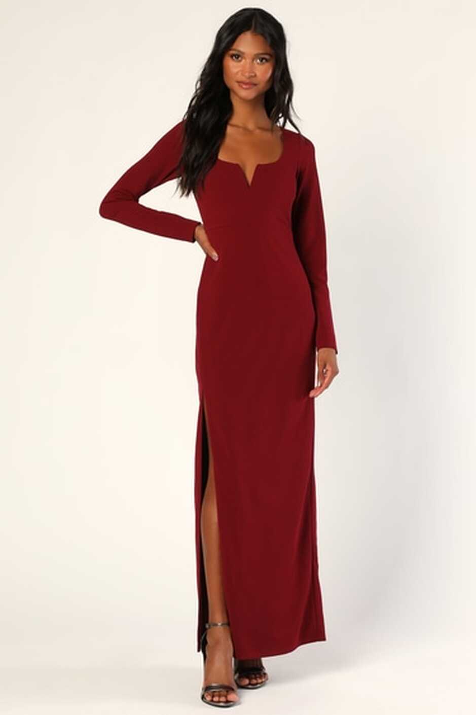 Burgundy Maxi Dress - Long Sleeve Dress - Cutout Backless Dress ...