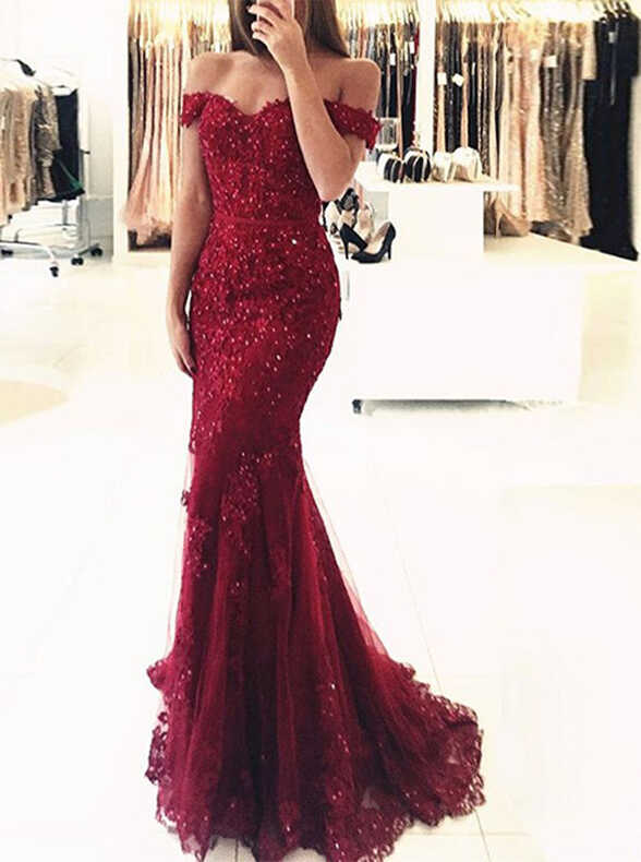 Burgundy Mermaid Evening Dress,Lace Off the Shoulder Evening Dress ...