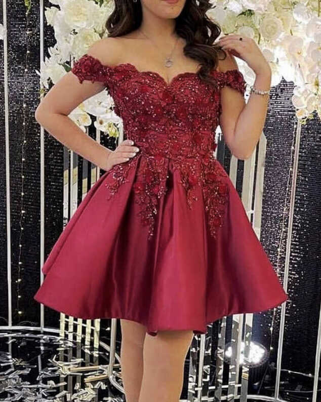 Burgundy Mini Prom Dress With 3D Lace Flowers – Lisposa