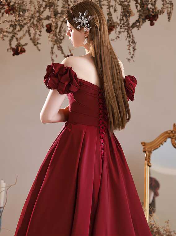 Burgundy Off Shoulder Satin Long Prom Dresses, Burgundy Formal ...