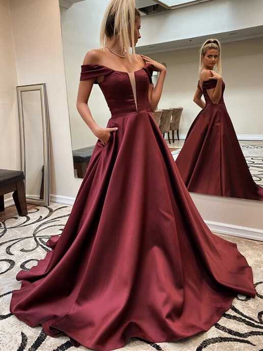 Burgundy Off Shoulder Satin Long Prom Dresses, Burgundy Off The ...