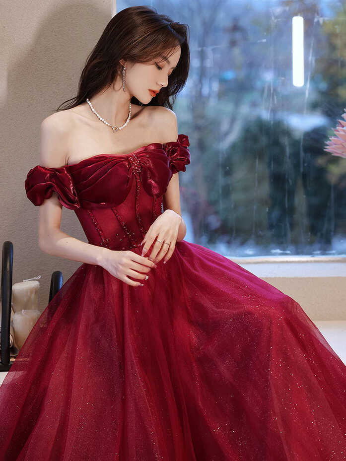 Burgundy Off Shoulder Tulle Long Prom Dress, Burgundy Formal ...