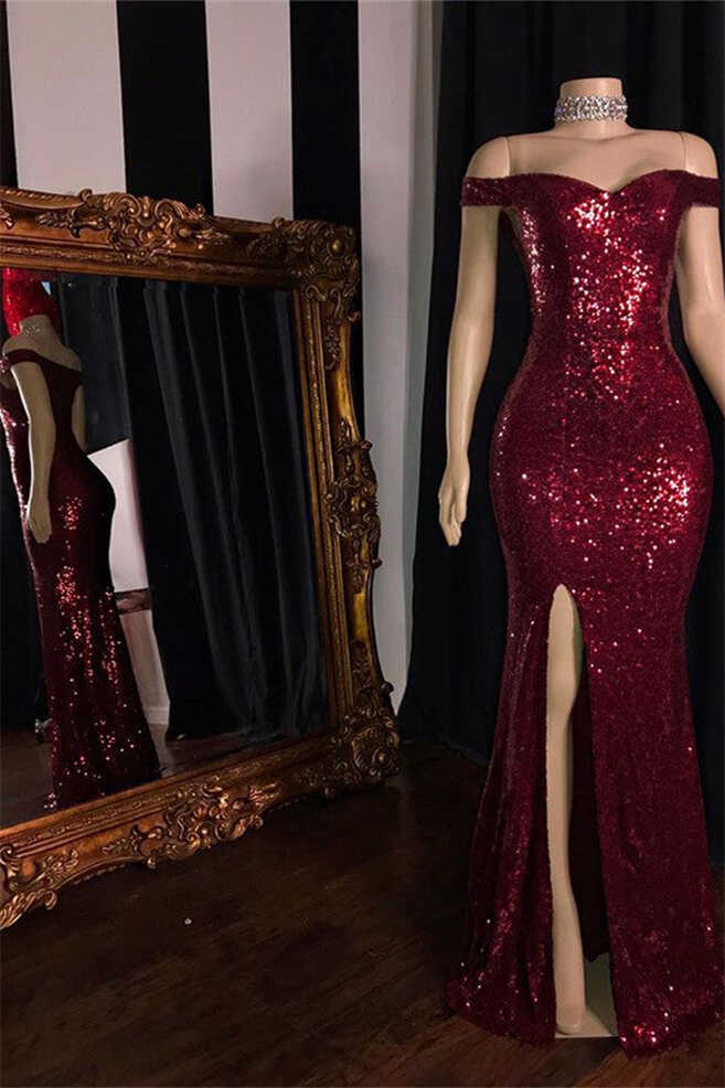 Burgundy Off-The-Shoulder Sequins Side-Slit Mermaid Prom Dresses ...