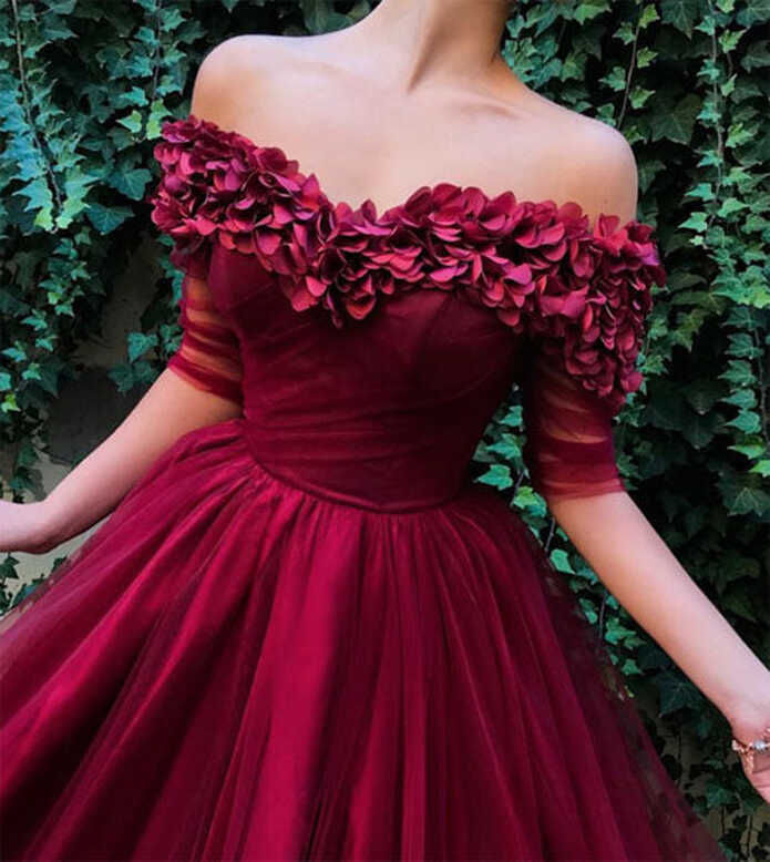 Burgundy Off the Shoulder Half-Sleeve A-line Tulle Long Pom ...