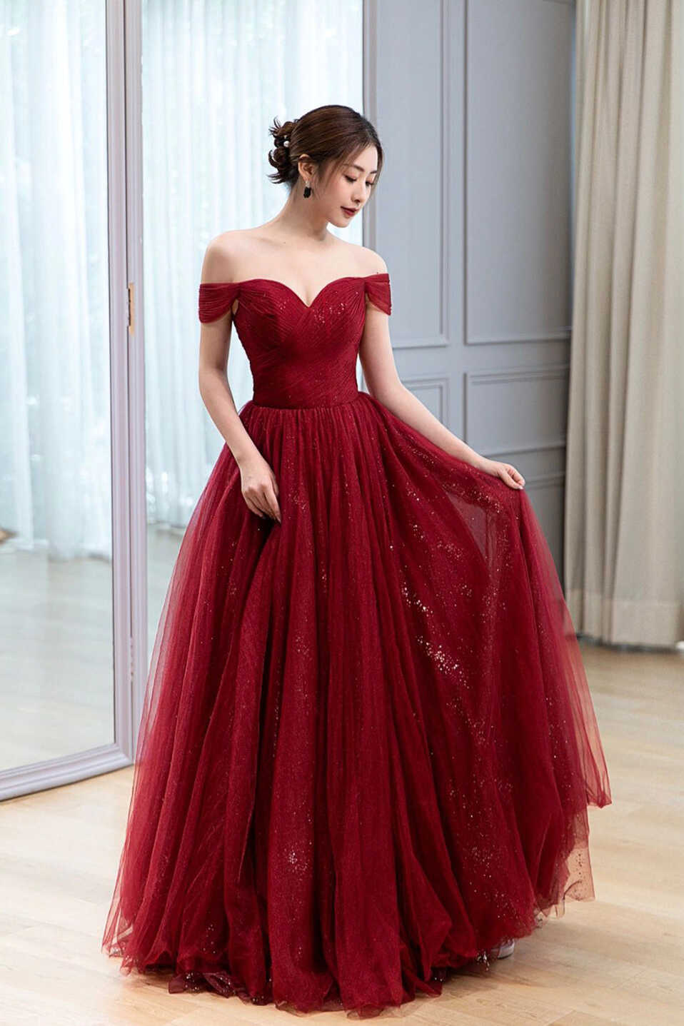 Burgundy Off the Shoulder Long Prom Dress, Elegant Tulle Formal Evenin