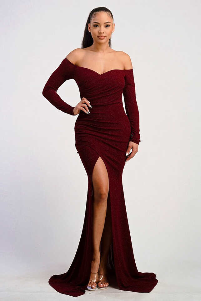 Burgundy Off the Shoulder Long Sleeve Elegance Dress - Blessed ...