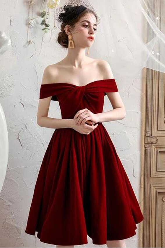 Burgundy Off the Shoulder Pleated Homecoming Dress, Knee Length ...