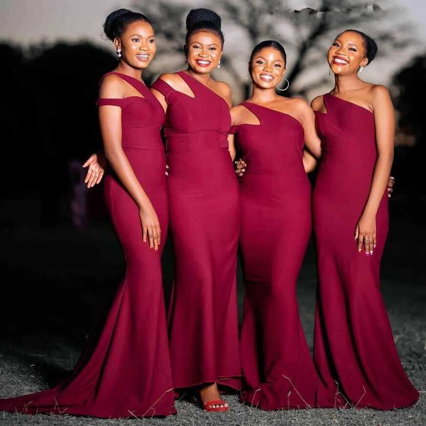 Burgundy One Shoulder Bridesmaid Dresses Long Mermaid 2022 ...