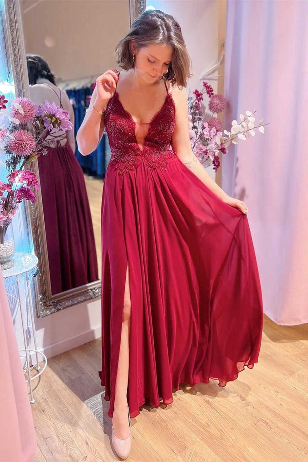 Burgundy Plunging V Neck Beaded Appliques Long Prom Dress with ...