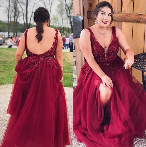 Burgundy Plus Size Backless Formal Dress With Sheer Plunging ...