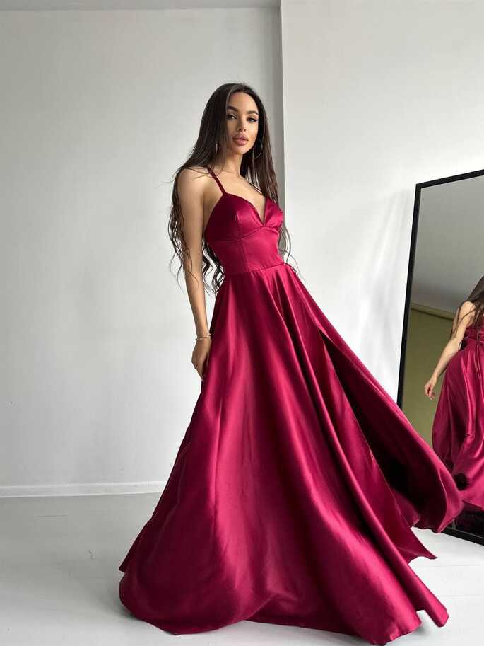 Burgundy Prom Dress, Burgundy Evening Dress, Burgundy Satin Dress ...