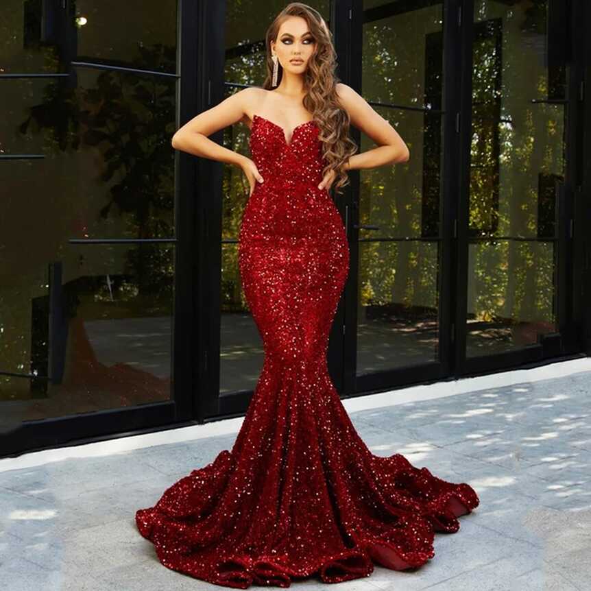 Burgundy Prom Dresses Mermaid 2022 V Neck Sparkly Evening Dress ...