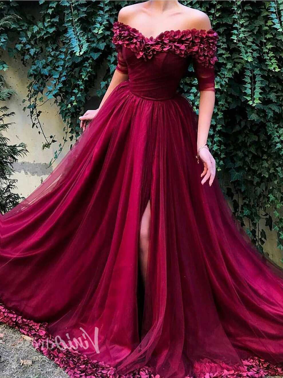 Burgundy Prom Dresses Off the Shoulder Cheap Formal Dress with ...