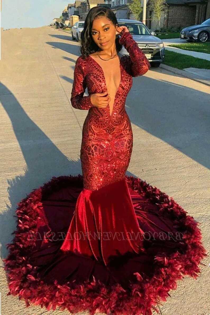 Burgundy Red Mermaid Prom Dresses 2022 Red With Sequined Velet And ...