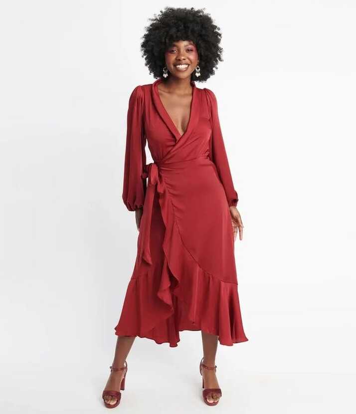 Burgundy Ruffle Midi Wrap Dress