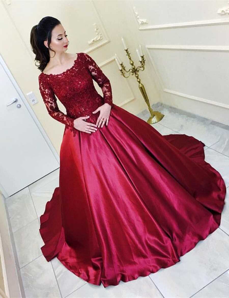 Burgundy Satin Ball Gown Wedding Dresses Lace Long Sleeves ...