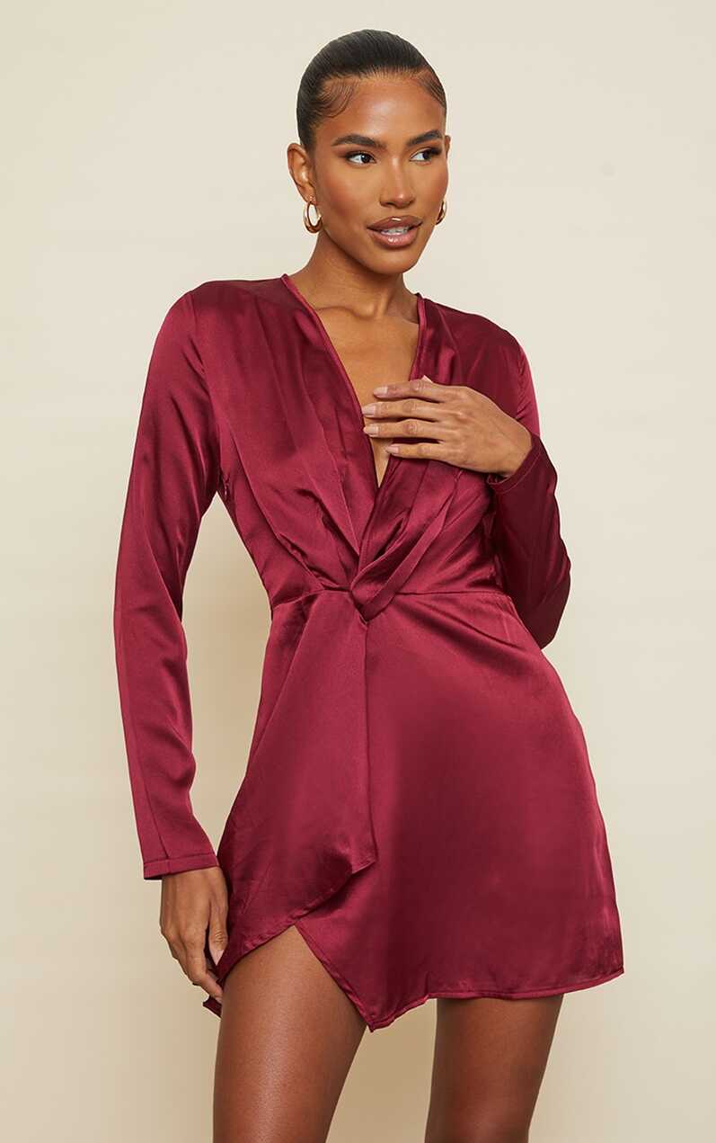 Burgundy Satin Long Sleeve Wrap Dress | PrettyLittleThing USA