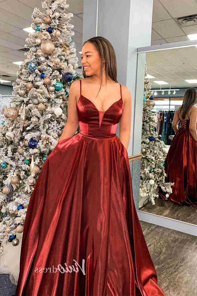 Burgundy Satin Prom Dresses Spaghetti Strap Formal Gown FD3282 ...