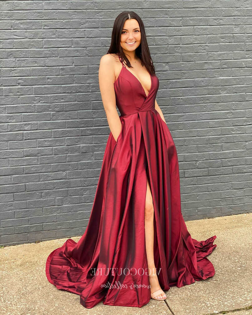 Burgundy Satin Prom Dresses with Slit Spaghetti Strap Evening ...