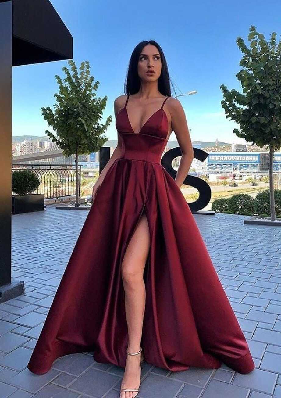 Burgundy Satin Spaghetti Strap V Neck Sweep Train Split Prom Dress ...