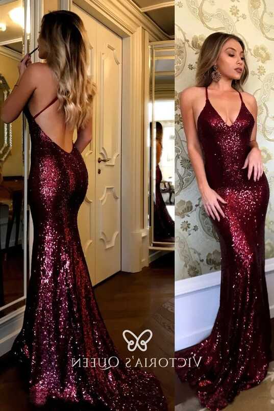 Burgundy Sequin Low Back Mermaid Long Prom Dress - VQ