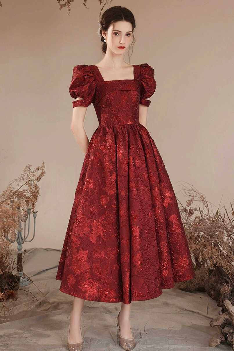 Burgundy Short Sleeve Tea Length Prom Dress, Lovely A-Line Evening Par