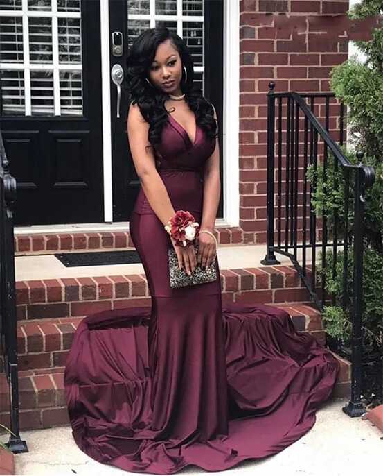 Burgundy Silk Satin Mermaid Open Back Prom Dress With Deep V Neck ...