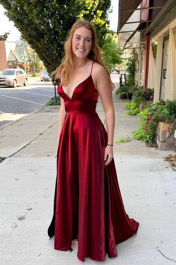 Burgundy Simple Satin Long Prom Dresses, Side Slit Prom Dresses ...