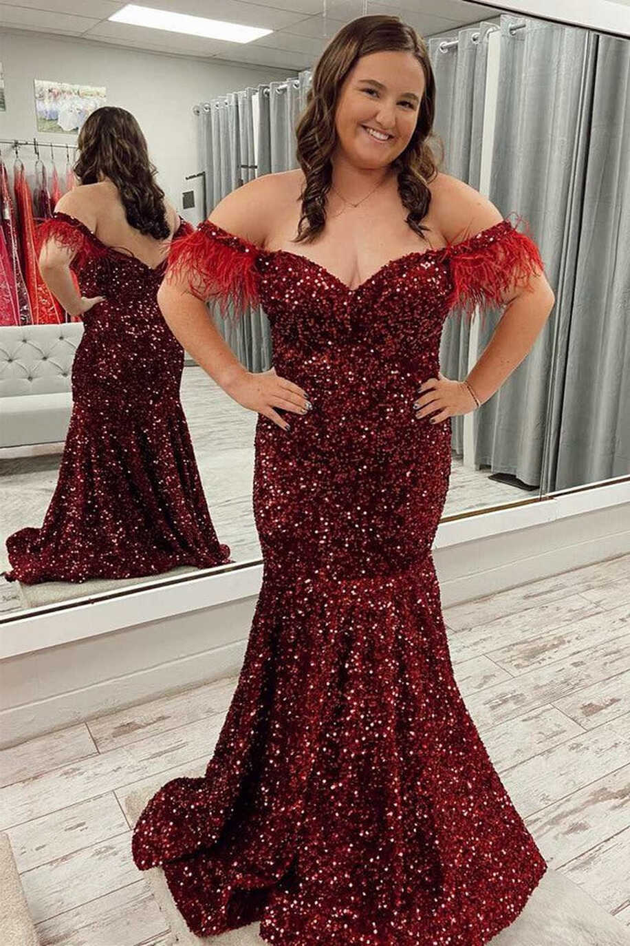 Burgundy Sparkly Sequin Mermaid Plus Size Prom Dress PSD151