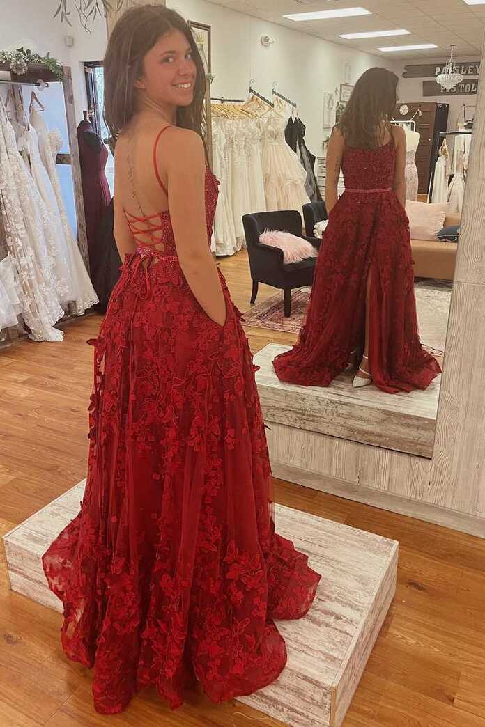 Burgundy Square Neck A-Line Prom Dresses Lace Appliques Formal ...