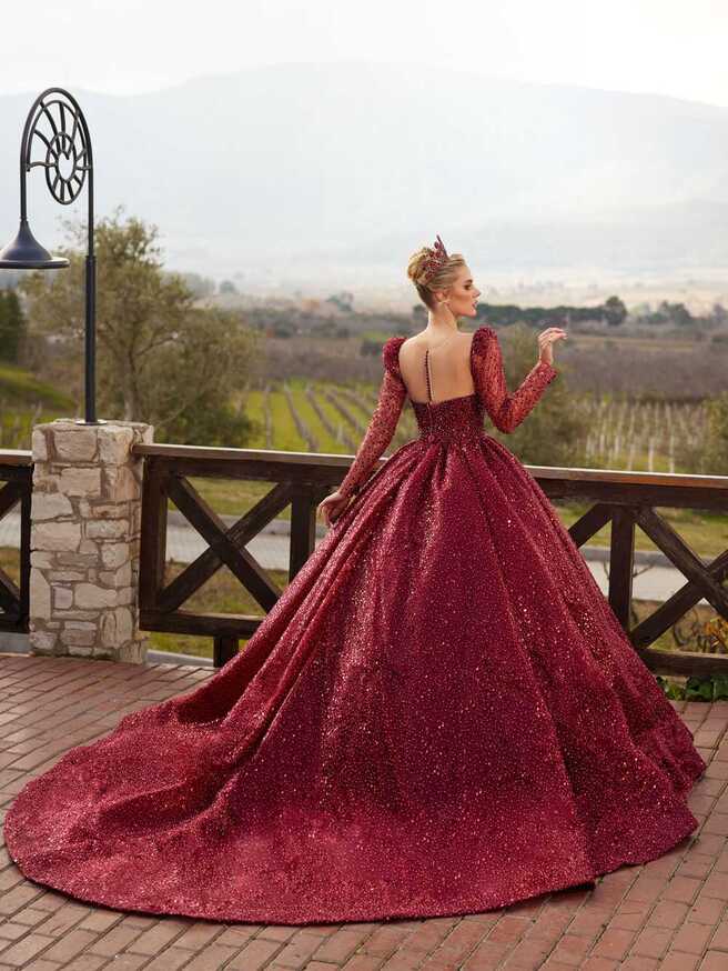 Burgundy Sweetheart Long Sleeve Sequin Wedding Ball Gown Prom ...