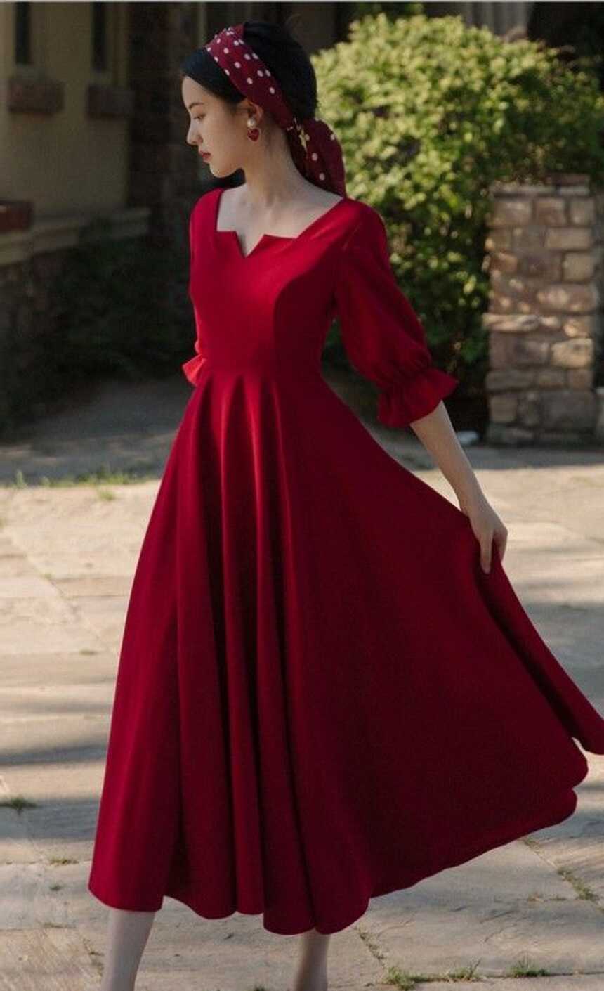 Burgundy Tea Length Semi- Formal Dress, casual Dress, Midi Dress ...