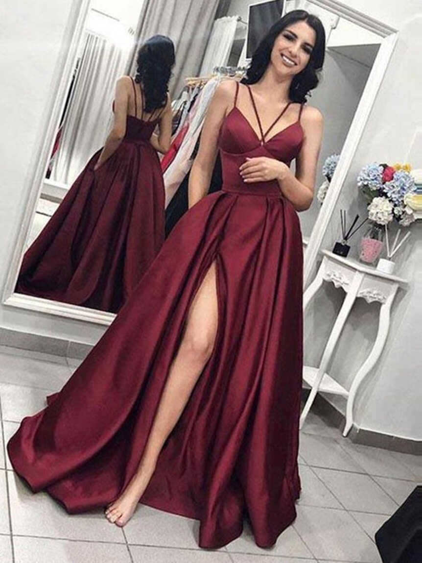 Burgundy V Neck High Slit Prom Dresses, Sleeveless Formal Dresses ...