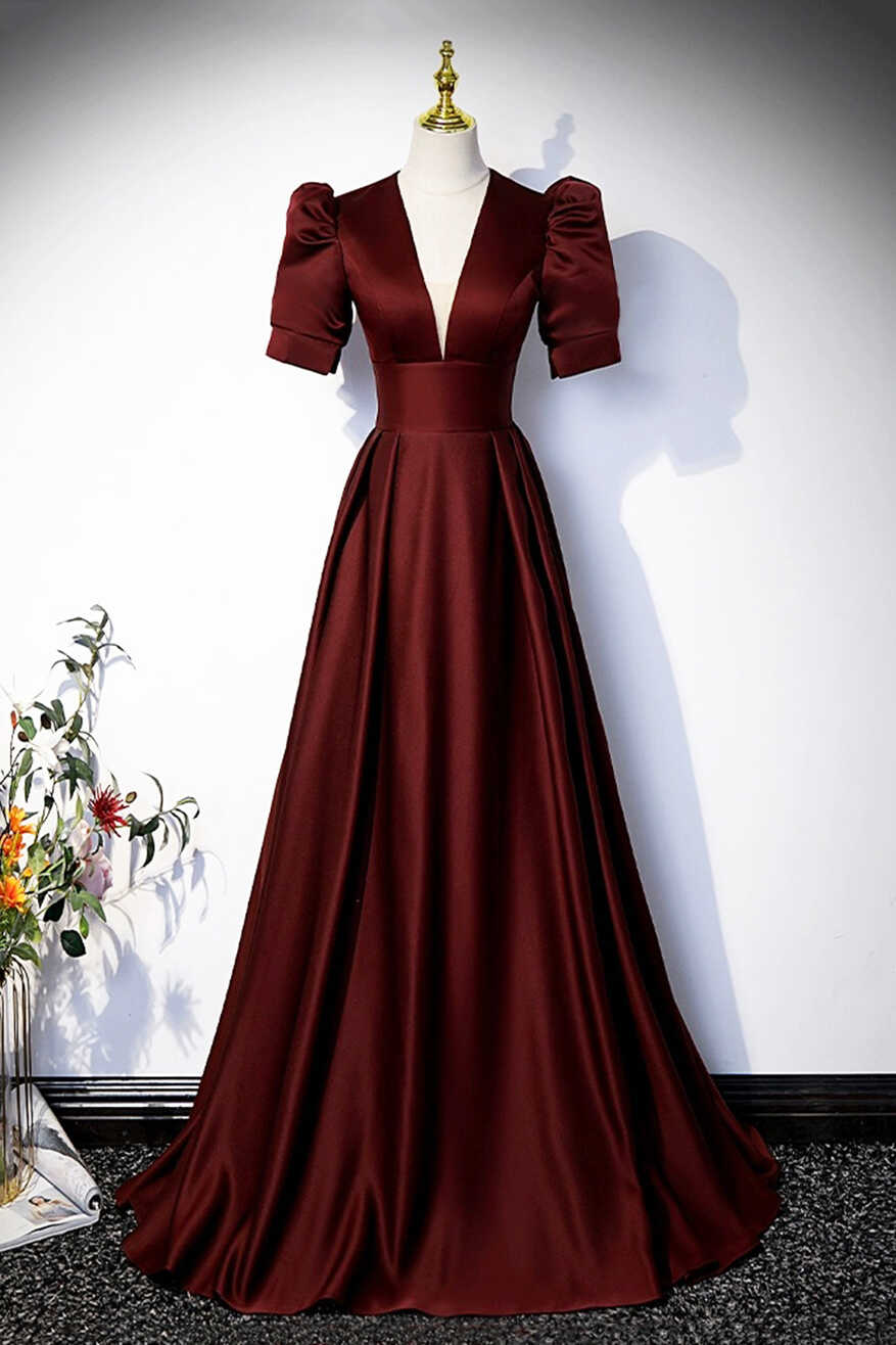 Burgundy V-Neck Satin Long Prom Dress, Simple Short Sleeve Evening Par