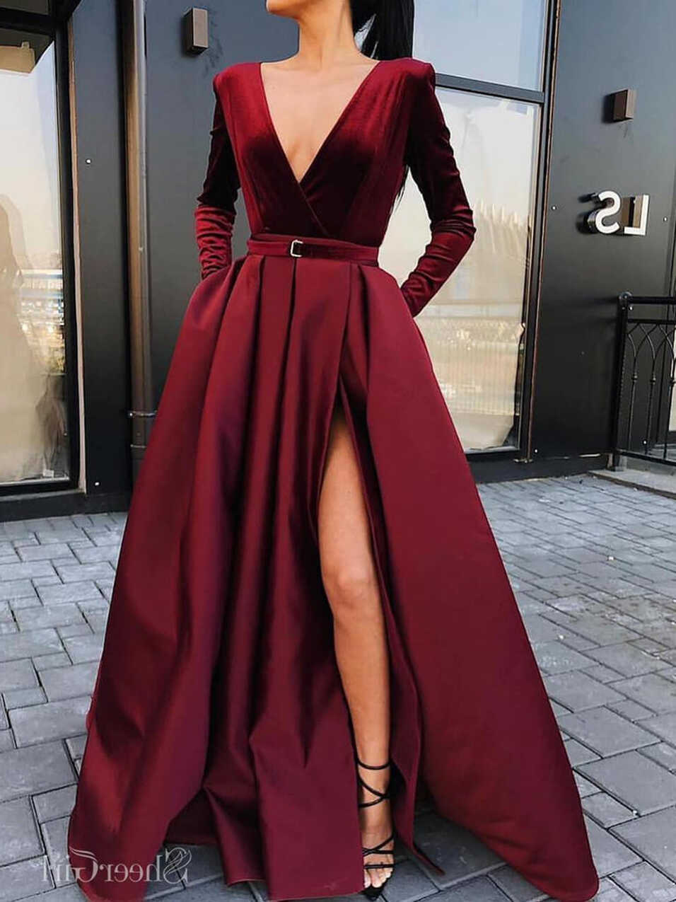 Burgundy V-neck Prom Dresses Formal Dresses With Slit ARD2326 ...