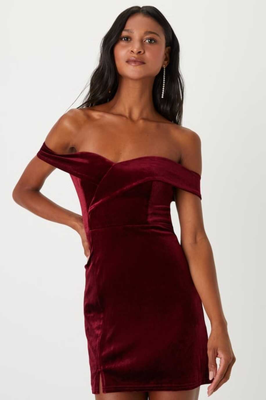 Burgundy Velvet Dress - Off-the-Shoulder Mini Dress - Sexy Dress ...