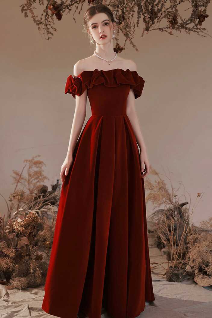 Burgundy Velvet Long Prom Dress, A-Line Off the Shoulder Party Dress