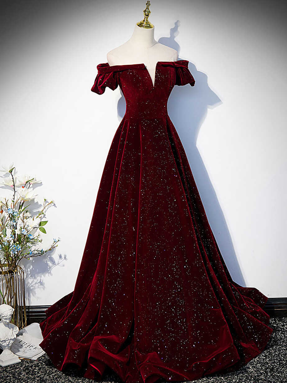 Burgundy Velvet Long Prom Dress, Burgundy Long Formal Dress – shopluu