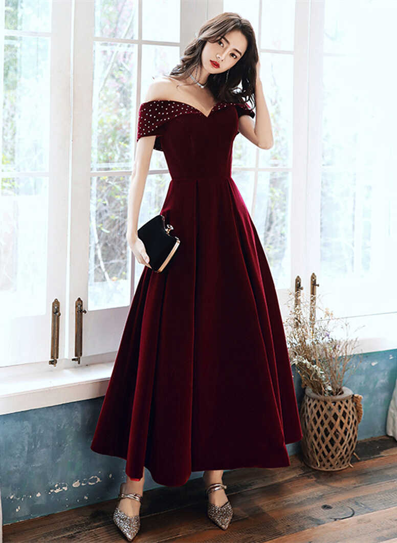 Burgundy Velvet Off Shoulder Long Wedding Party Dress, Burgundy ...