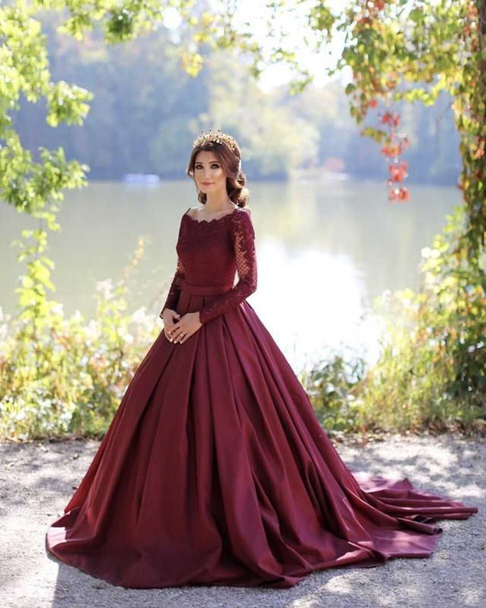 Burgundy Wedding Dress Lace Long Sleeves Ball Gown