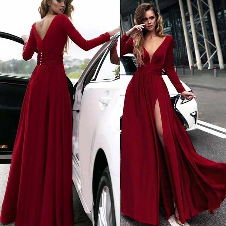 Burgundy cheap prom dresses long sleeve v neck simple elegant prom ...