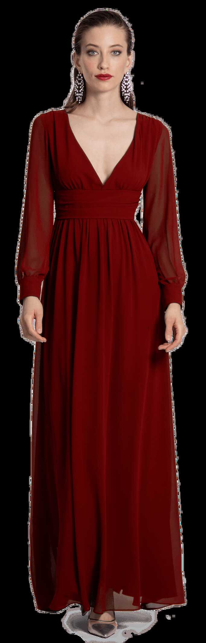 Burgundy long sleeve deep v-neck Empire Maxi Dress | Sumissura