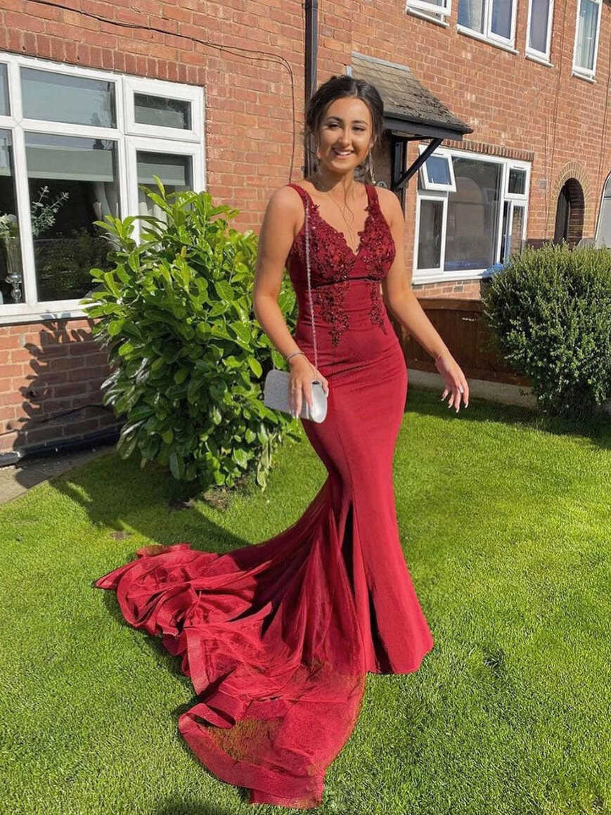 Burgundy v neck lace mermaid long prom dress, burgundy evening ...