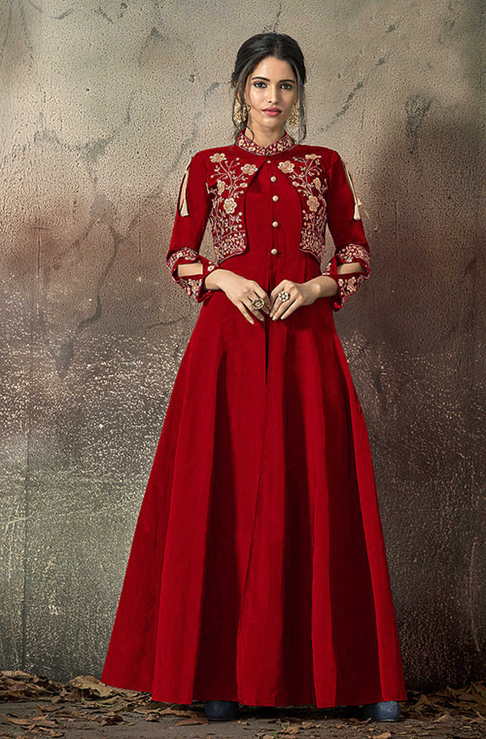 Burnt Red Designer Embroidered Taffeta Silk Party Wear Gown ...