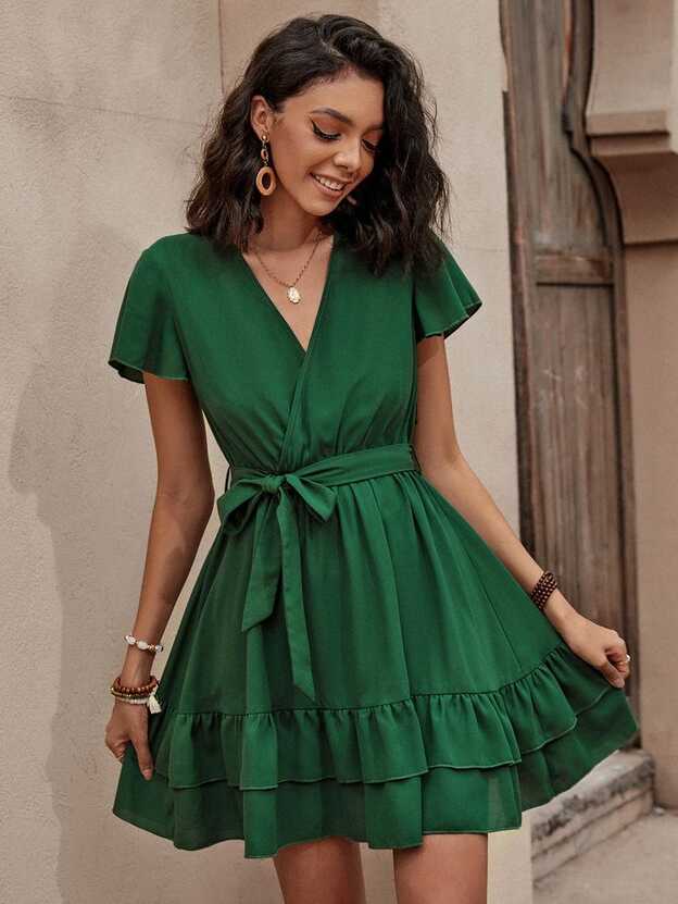 Butterfly Sleeve Two Layer Hem Belted Dress