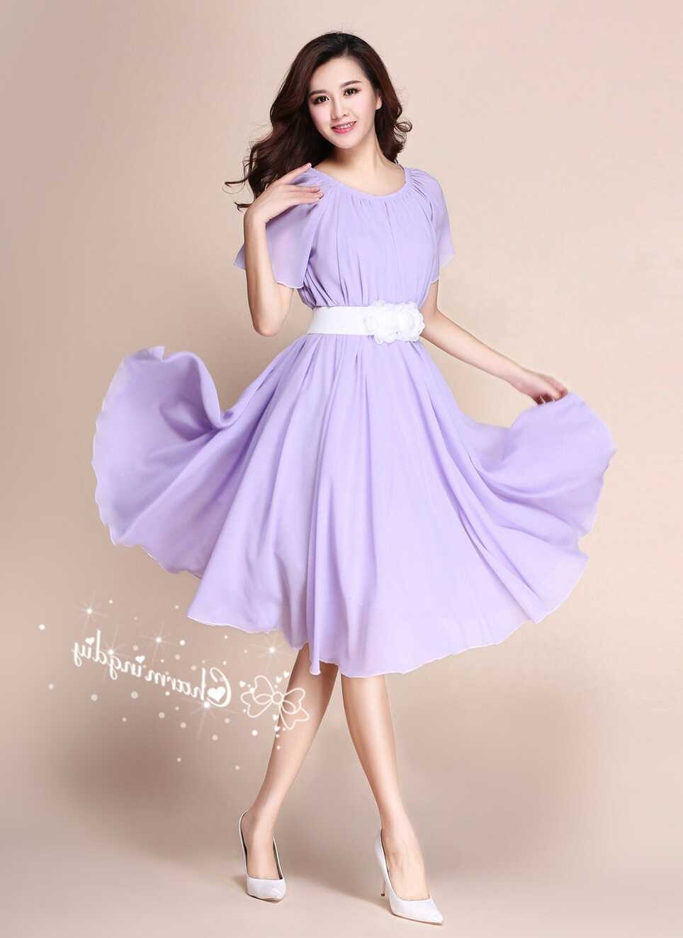 Buy 110 Colors Chiffon Lavender Light Purple Short Sleeve Knee ...