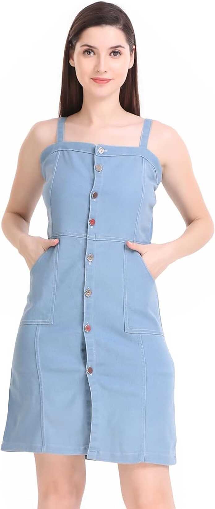 Buy Angreji Girl Knee Length Denim Dress with Pockets Sleeveless ...