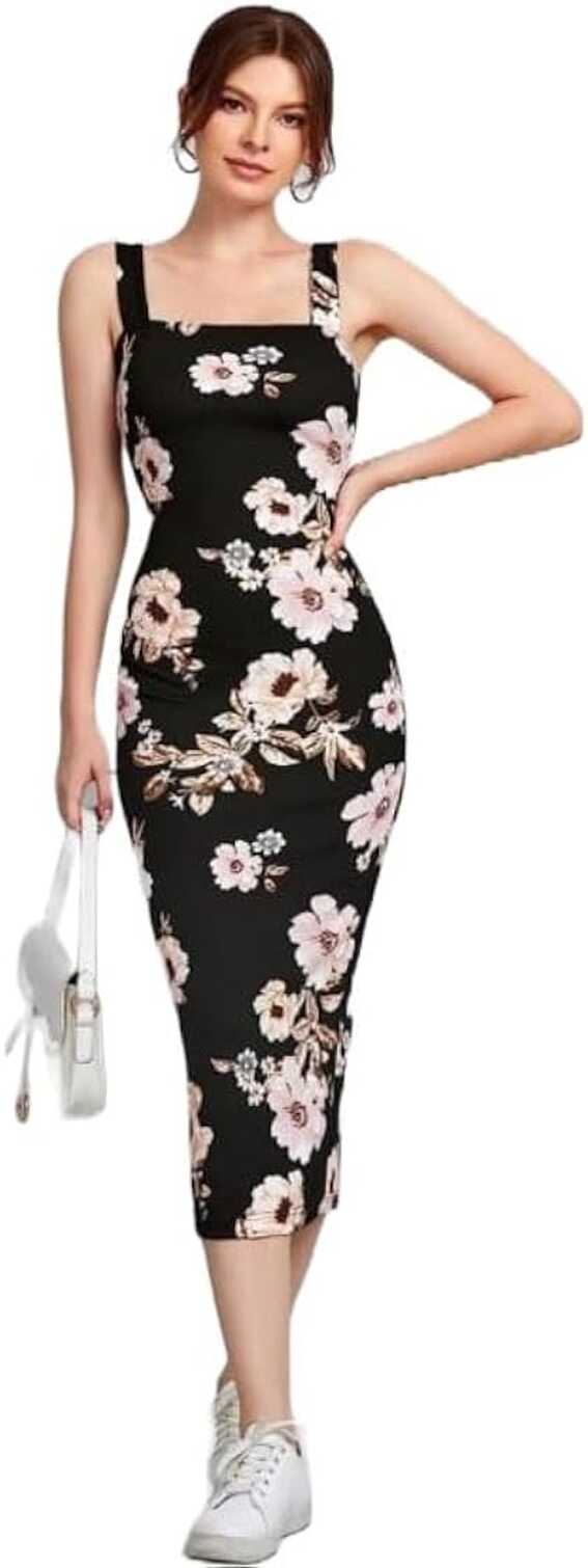 Buy Attire Empire Women Bodycon Black Floral Printed Midi Dress at ...