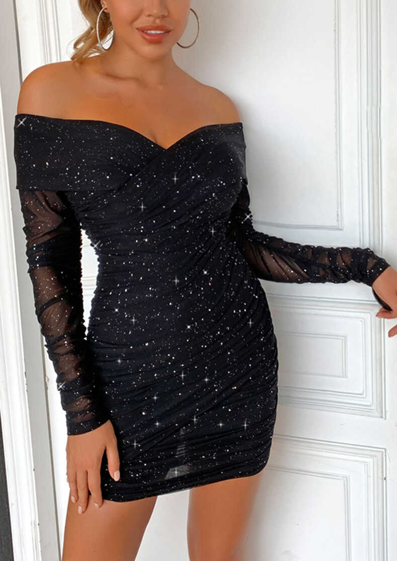 Buy BLACK OFF-SHOULDER SEQUIN ALL-RUCHED BODYCON DRESS for Women ...